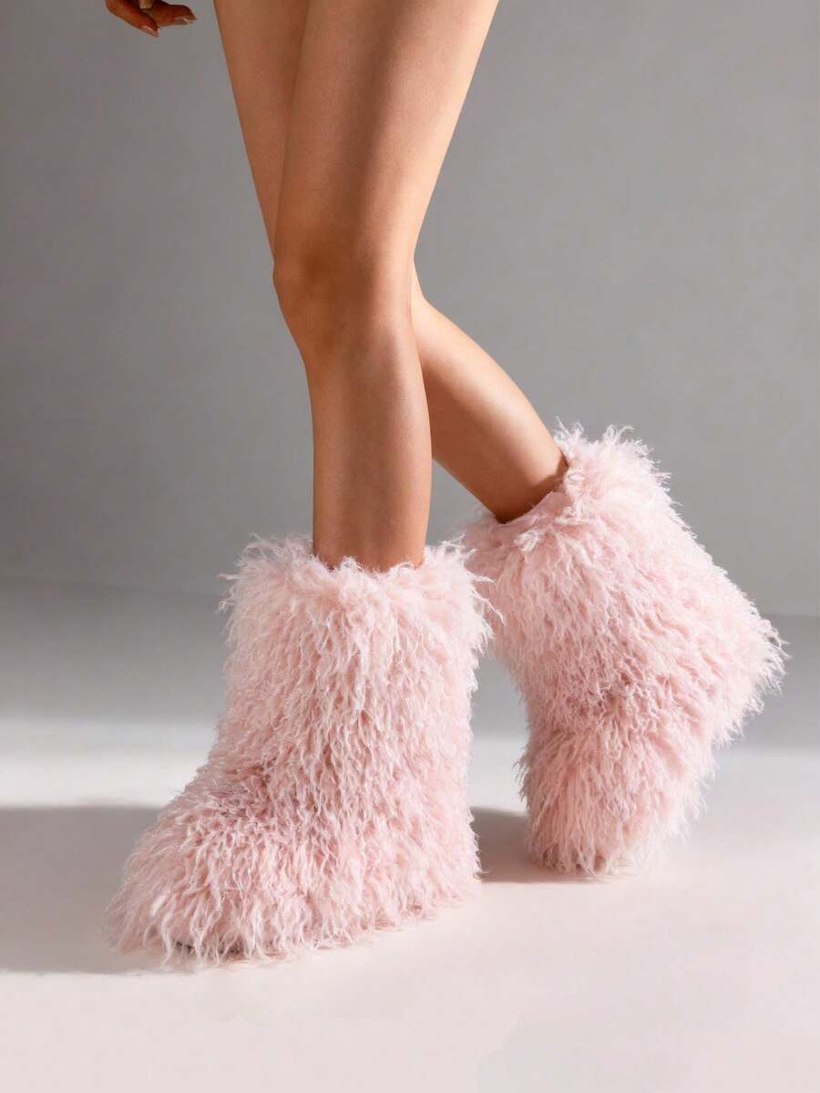 Women's Furry Snow Boots Winter Warm Faux Fur Lined Slip-On Mid Calf Boots Fluffy Cozy Soft Plush... | SHEIN