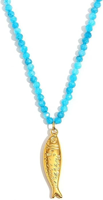 Boho Chunky Fish Pendant Necklace for Women Blue Crystal Beaded Adjustable Sardine Pendant Neckla... | Amazon (US)
