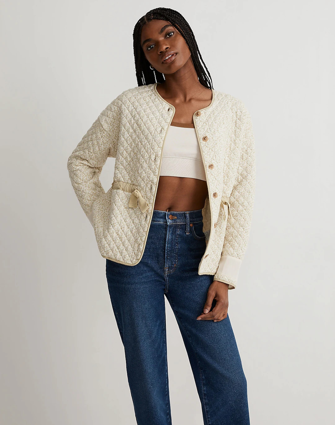 Quilted Jacquard Snap-Front Collarless Jacket in Daisy Blooms | Madewell