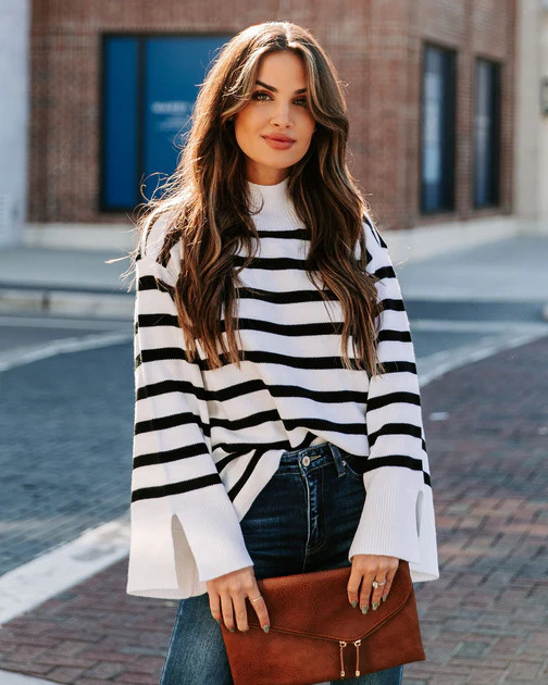 Torres Striped Mock Neck Knit Sweater - White - SALE | VICI