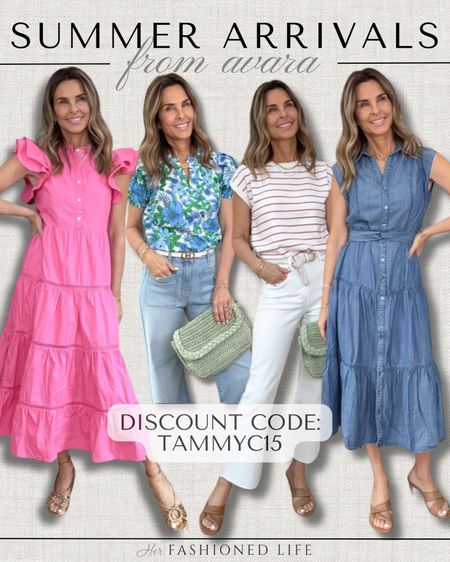 Summer arrivals from Avara! 

DISCOUNT CODE:
TammyC15

All tops and dresses XS
Pants TTS

Summer dresses in gorgeous colors or soft, light denim. Printed tops in a fun floral or a classic red striped knit. 

#LTKWedding #LTKOver40 #LTKFindsUnder100