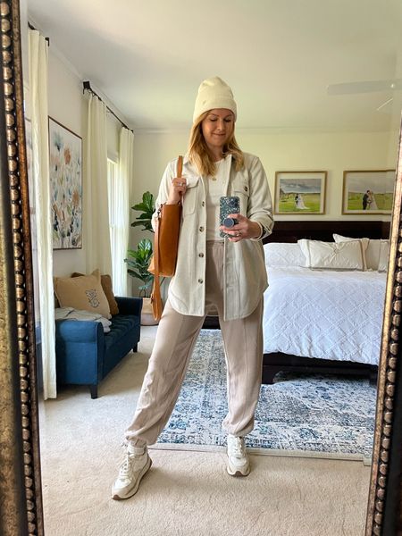 Neutral winter white, casual outfit idea

Shacket has pockets and I’m in my normal size. Could size down. Also comes in petite & tall sizes

Joggers

Neutral - white, taupe & cream leather sneakers. Wipe clean and fit true to size

White beanie stocking stuffer idea

Holiday casual comfy look

#LTKSeasonal #LTKunder50 #LTKHoliday