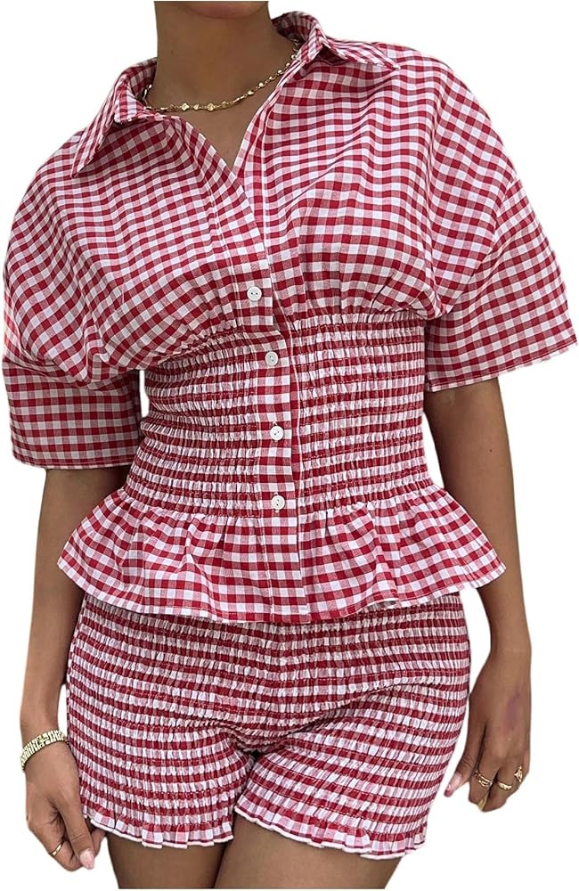 Milumia Women's 2 Piece Outfits Plaid Button Down Short Sleeve Smoked Top Shorts Matching Sets | Amazon (US)