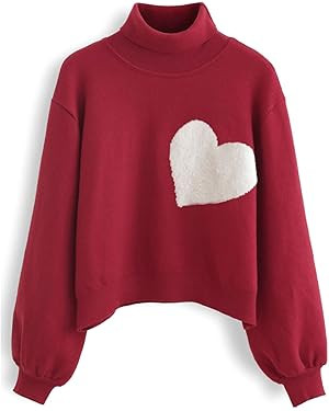CHICWISH Women's Red Embroidered Heart High Neck Knit Sweater | Amazon (US)