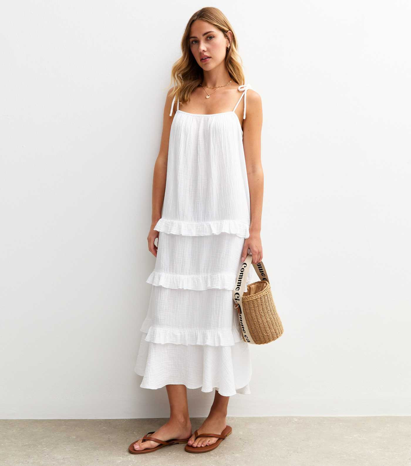 White Crinkled Frilly Trim Midi Dress | New Look | New Look (UK)