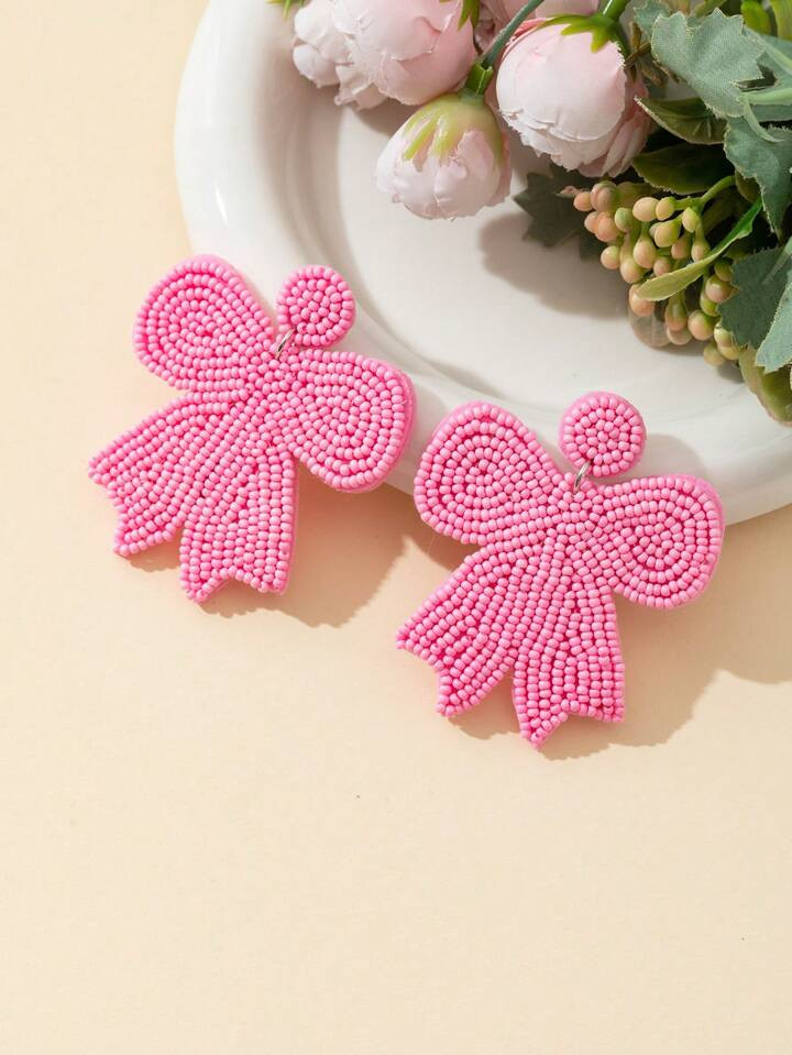 1pair Handmade Stainless Steel Stud Earrings With Rice Beads & Bow Knot, Sweet Style For Women | SHEIN