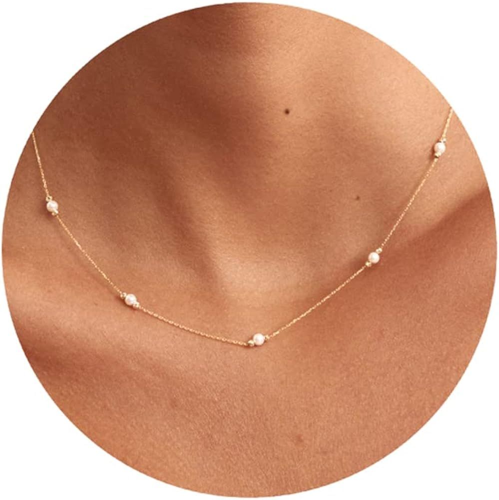 Fwlisesa Pearl Necklaces for Women, 14k Gold Plated Pearl Choker Necklace Dainty Gold Pearl Neckl... | Amazon (US)