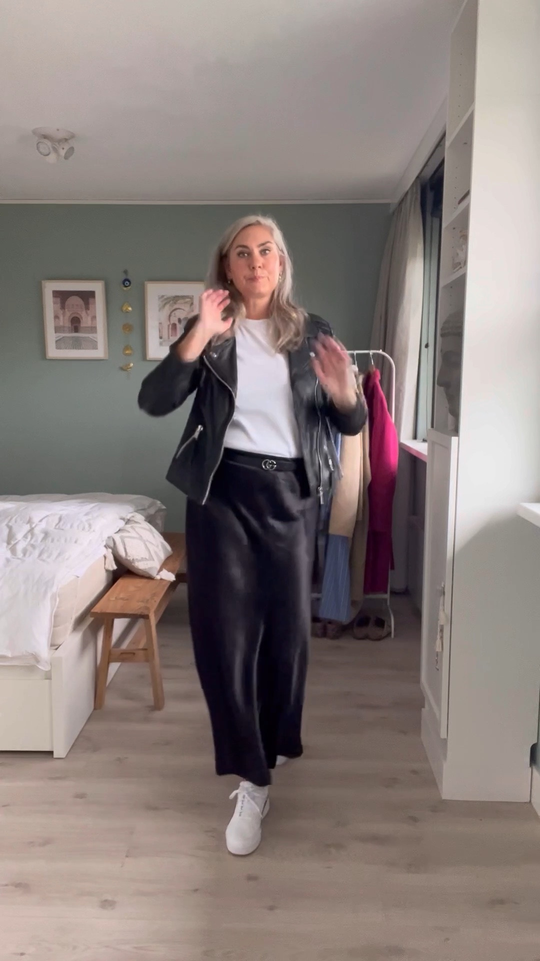 30 days of fall outfits 

Supima cotton white t-shirt paired with a black satin skirt, a biker jacket (old Claudia Strater), gg belt and puma sneakers. Khaki green corduroy crossbody bag. 

#LTKmidsize #LTKstyletip #LTKeurope