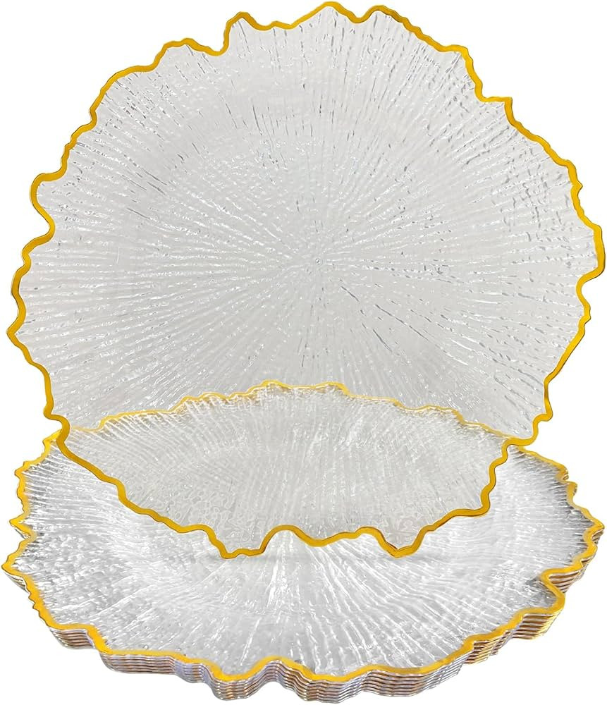 CN JIAHE 13inch Clear Acrylic Reef Gold Rim Charger Plates Set of 8, for Dinner, Wedding, Party, ... | Amazon (US)