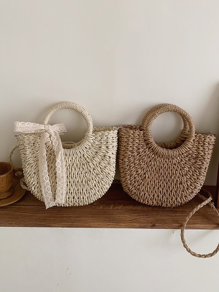 2024 New Arrival Beach Vacation Leisure Khaki Woven Handbag, Vintage Wicker Bucket Bag, Fashionab... | SHEIN