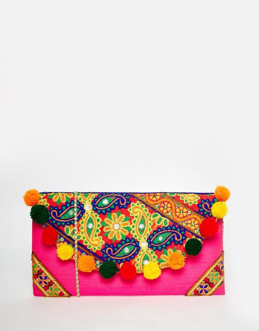 Moyna Foldover Clutch Bag With Embroidery And Pom Pom Trim | ASOS US
