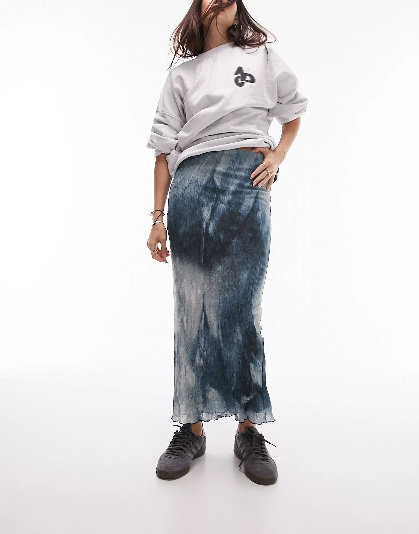 Topshop textured plisse blurred print midi skirt in blue | ASOS (Global)