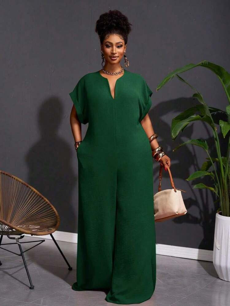 New Vintage Elegant Chocolate V-Neck Short Sleeve Wide Leg Jumpsuit, Plus Size Women, Summer | SHEIN