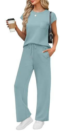 WIHOLL Summer Vacation Outfits for Women 2 Piece Sets Short Sleeve Lounge Set Womens Loungewear Travel Airport Outfits High Waist Wide Leg Pants Comfy Sets for Women Clothing Lake Blue M | Amazon (US)
