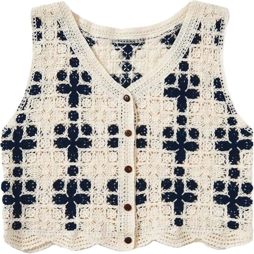 Verdusa Women's Button Front V Neck Sleeveless Checkered Knit Sweater Vest | Amazon (US)