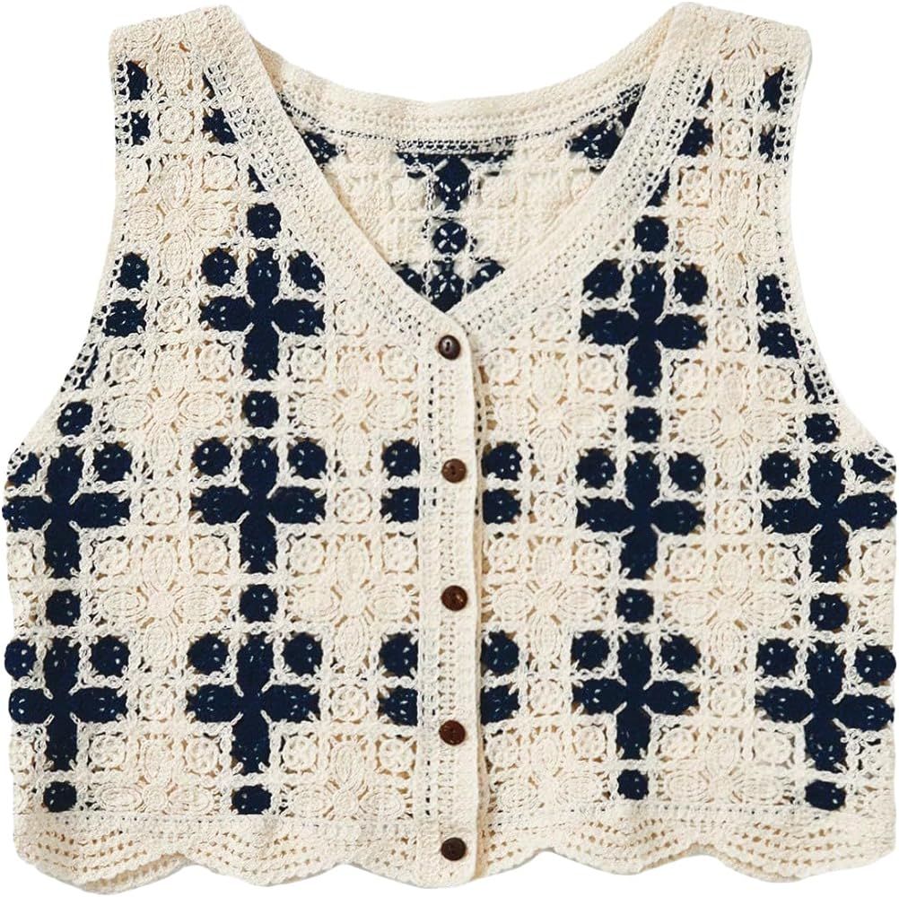 Verdusa Women's Button Front V Neck Sleeveless Checkered Knit Sweater Vest | Amazon (US)