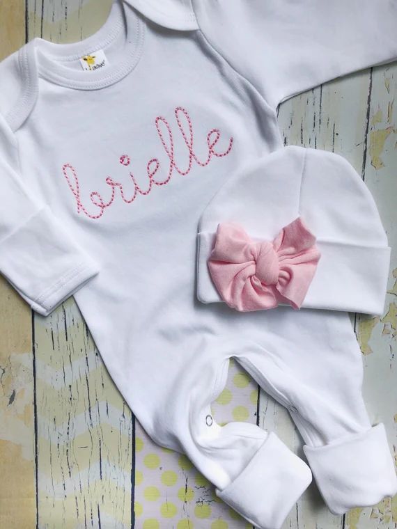 Personalized Pink Vintage Stitch Girl Romper With Bow Custom - Etsy | Etsy (US)