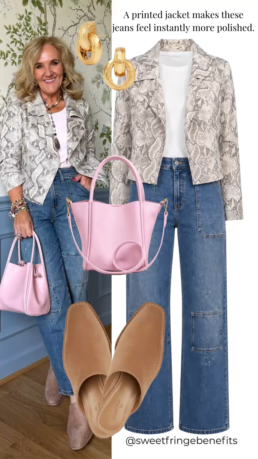 This printed jacket makes a classic jeans-and-white-tee outfit feel instantly more polished. I love the pop of pink with the easy slip-on mules for a put-together look that still feels comfortable.

💡 LTK MADE EASY
❤️ Heart = Support my posts!
🔖 Save = Get sale & restock alerts
📋 Lists = Keep favorites organized
📲 Share = Send lists and products to a friend. Hello, Christmas List!
💬 Comment = Ask me anything about what I'm wearing.:-)

#LTKWorkwear #LTKootd #LTKOver40