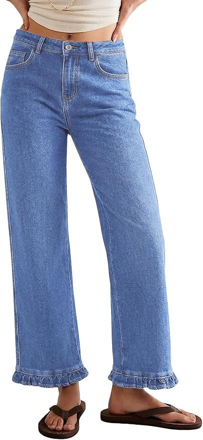 Sidefeel Womens Jeans Wide Leg High Rise Stretchy Jeans Ruffle Hem Straight Leg Denim Pants with ... | Amazon (US)