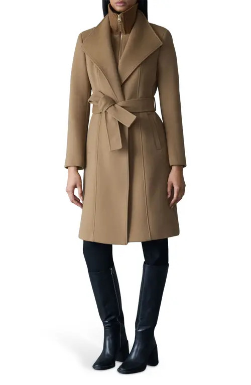Mackage Norita Belted Double Face Wool Coat with Wool Blend Bib in Otter at Nordstrom, Size Medium | Nordstrom
