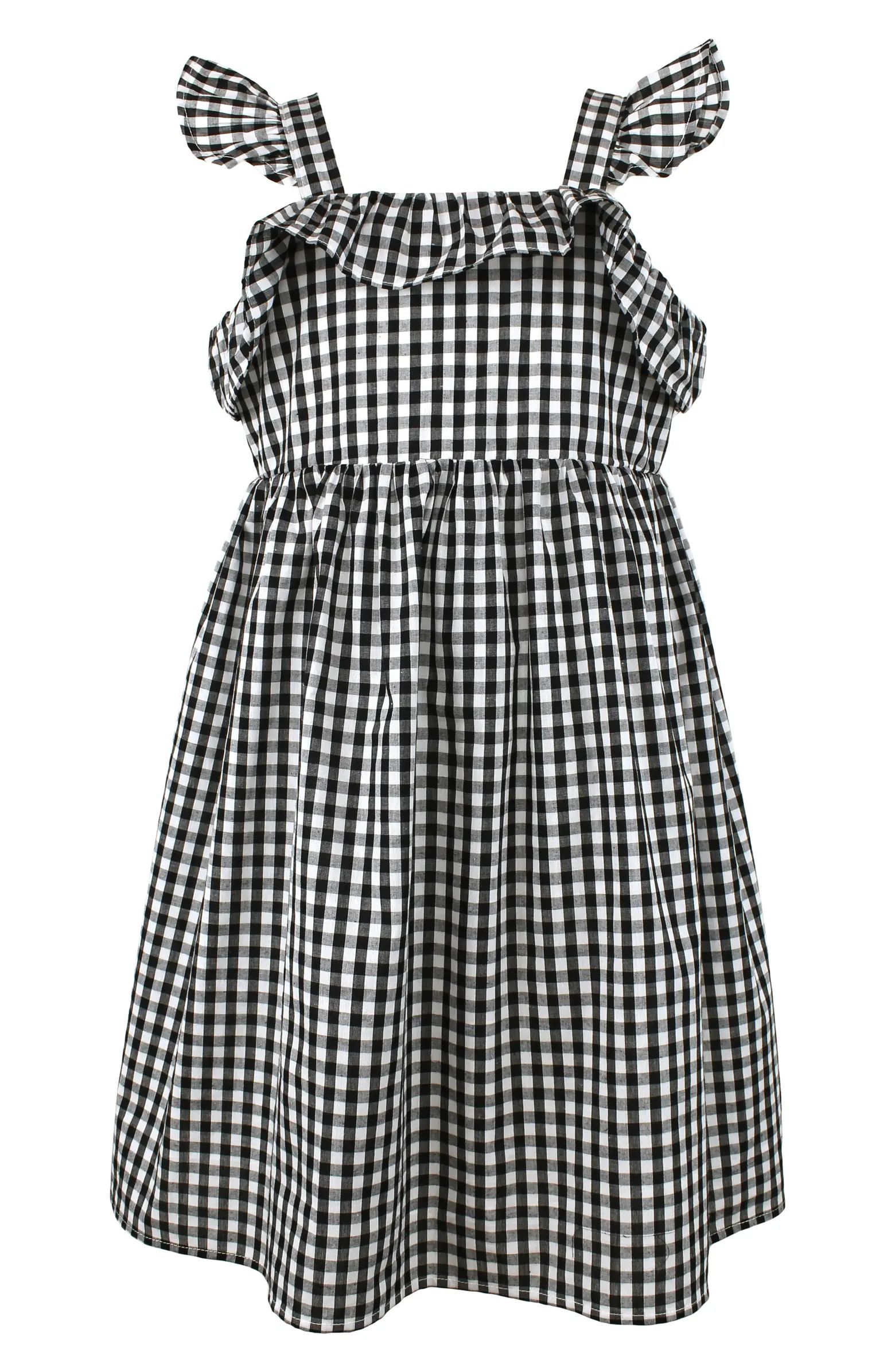 Kids' Flutter Sleeve Minicheck A-Line Dress | Nordstrom