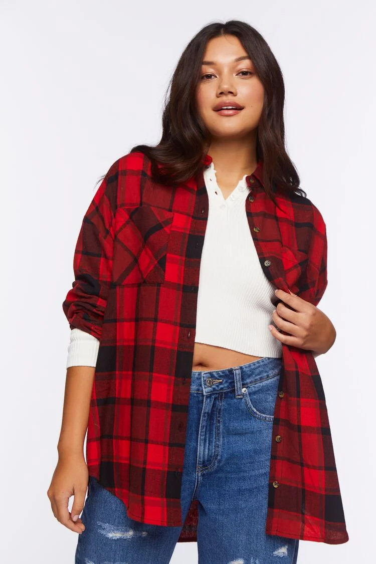 Women's Plaid Flannel Shirt in Red Small | Forever 21