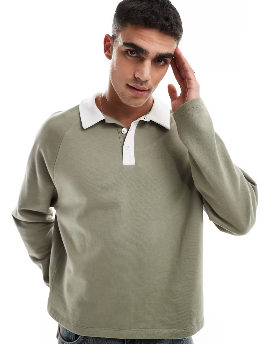 ASOS DESIGN rugby polo sweatshirt with raglan sleeves in khaki-Green | ASOS (Global)