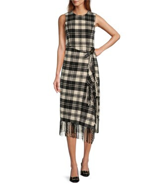 Tula Plaid Print Crew Neck Sleeveless Belted Wrap Front Fringe Hem Midi Sheath Dress | Dillard's
