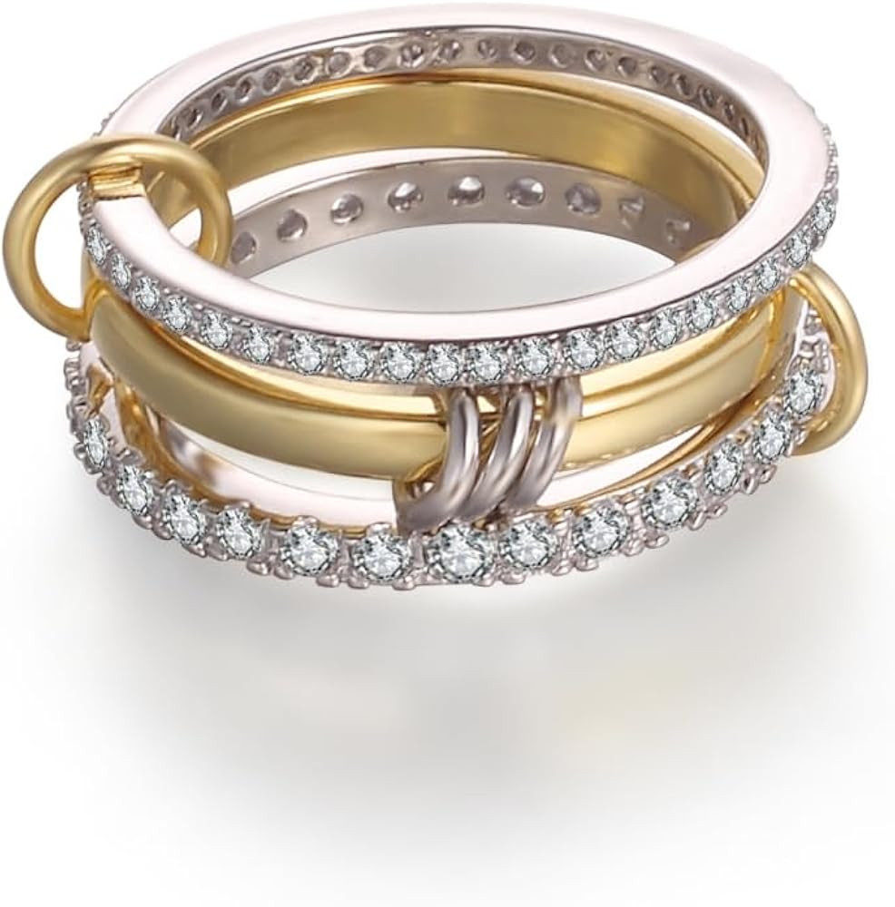 18k Gold Plated Stackable Rings Set for Women, 3 Rings Set with CZ Cubic Zirconia Band, Silver an... | Amazon (US)