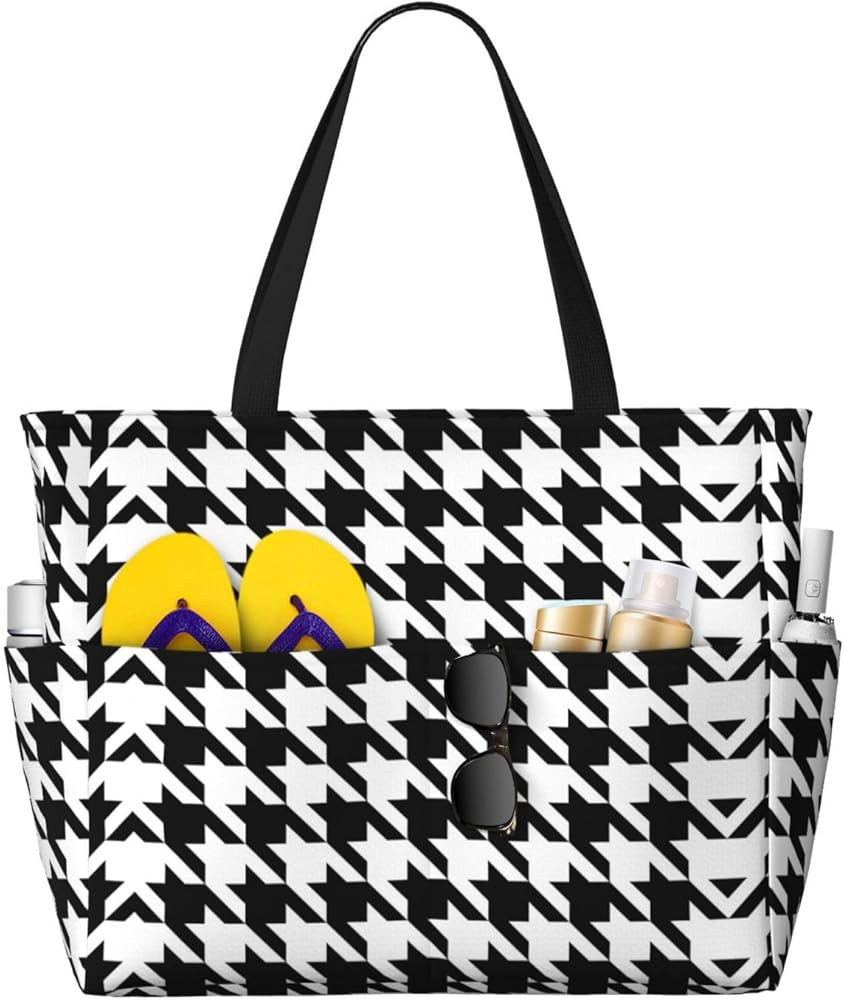 Houndstooth Black Print Large Capacity Beach Tote Bag for Women, Waterproof Beach Travel Bag | Amazon (US)