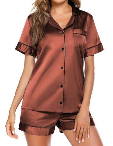 Ekouaer Womens Pajamas Satin Pj Set Silk Sleepwear Summer Loungewear Short Sleeve Top and Shorts Pjs Brown,Small | Amazon (US)