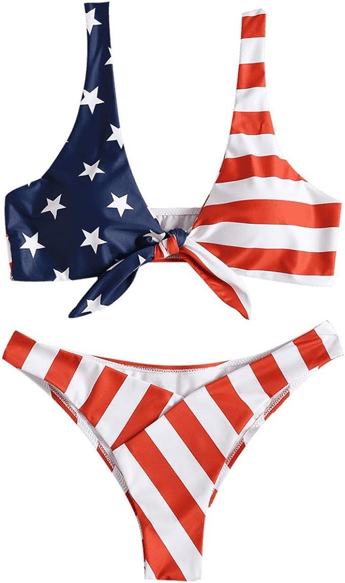 TSWRK Tie Knot Front American USA Flag Bikini Set Triangle Cheeky Bottom Two-Piece Bathing Suit | Amazon (US)