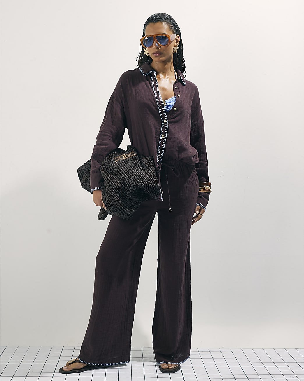 Brown Whipstitch Trouser | River Island UK & IE