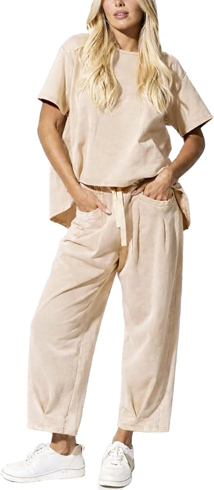Women’s Lounge Set 2 Piece Short Sleeve Top Barrel Wide Leg Pants Comfy Matching Travel Outfit | Amazon (US)