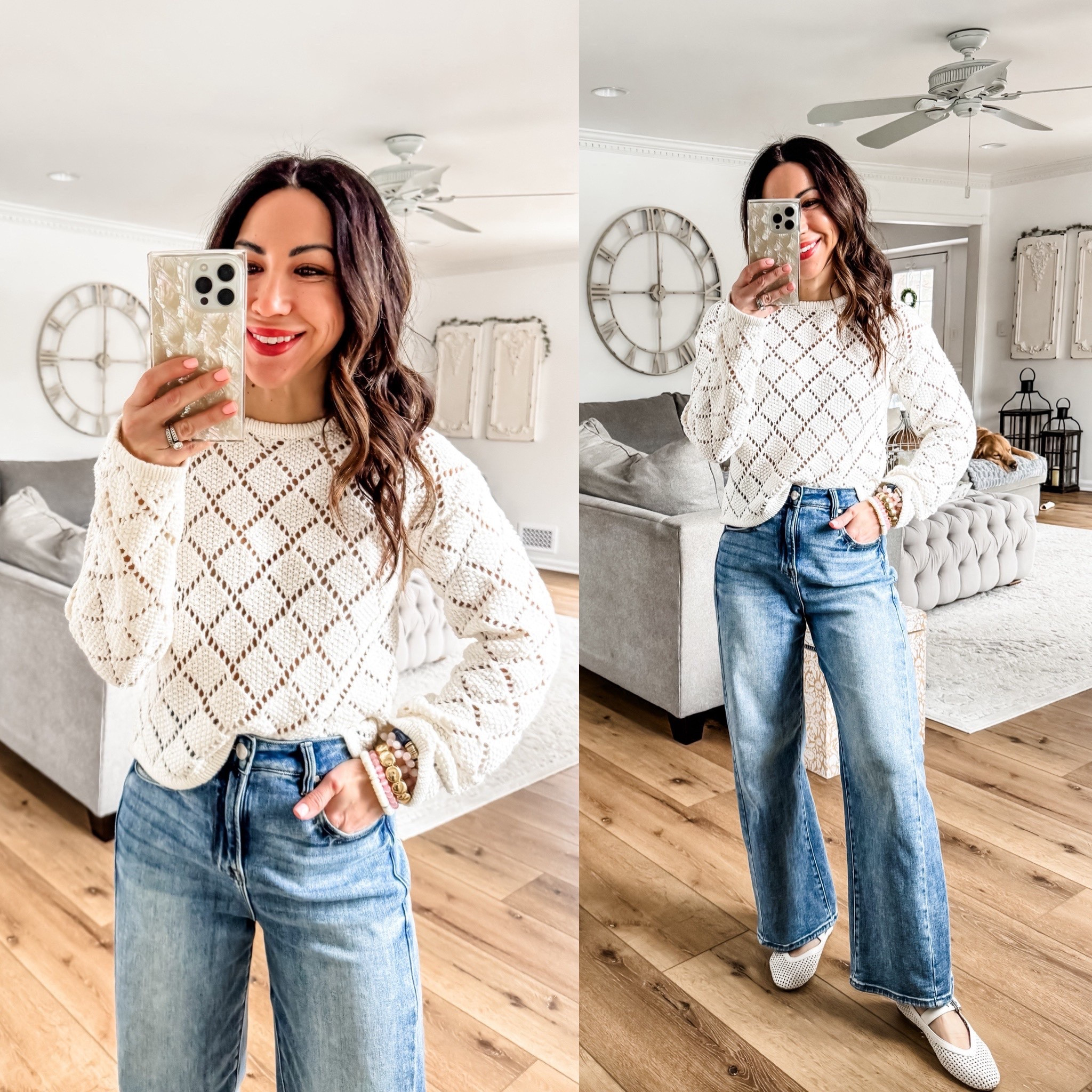 Small crochet sweater. 25 barrel jeans.

#LTKOver40 #LTKPetite