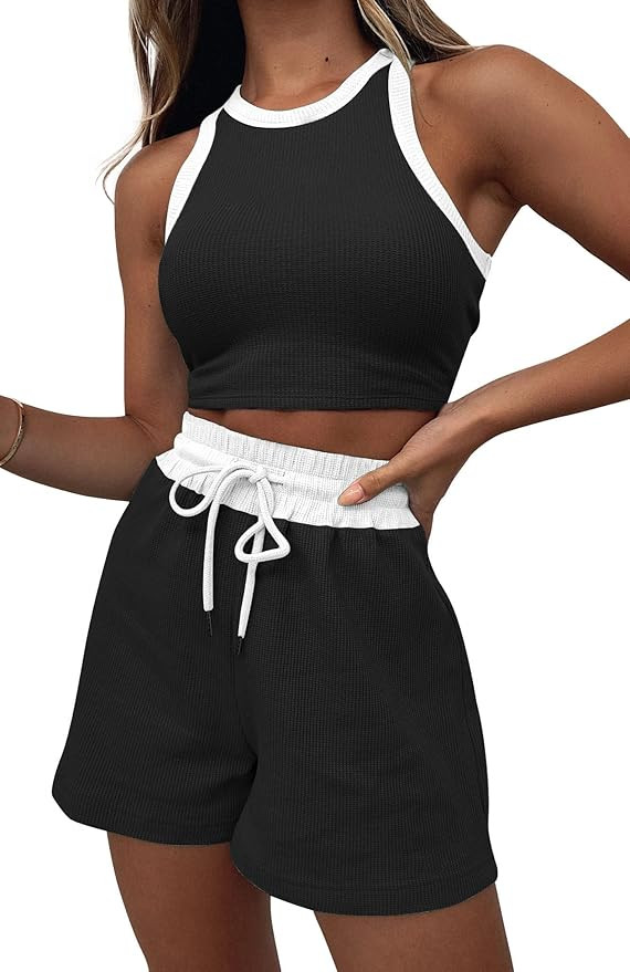 Lingswallow 2 Piece Women Lounge Sets - Sleeveless Crop Top and Shorts Waffle Lounge Set Tracksui... | Amazon (US)