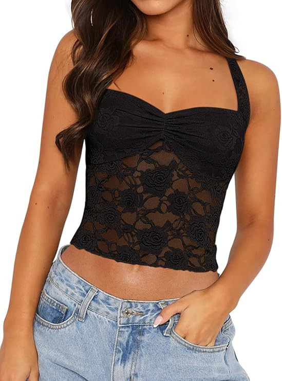 REORIA Womens Summer Sexy Lace Tank Tops Sleeveless Y2K See Through Trendy Crop Top Going Out Shi... | Amazon (CA)