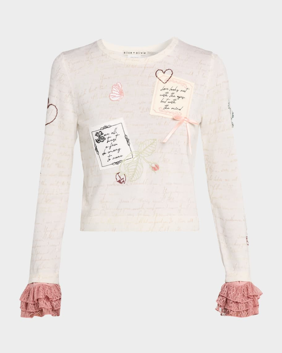 Alice + Olivia Carolann Script Embroidered Ruffle-Cuff Sweater | Neiman Marcus