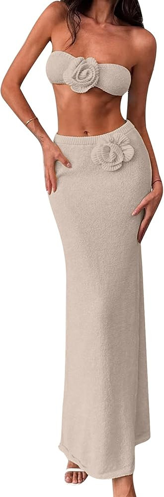 Owl's-Yard Women’s Skirt Sets 2 Piece Outfits Strapless 3D Flower Crop Tube Tops Bodycon Long S... | Amazon (US)