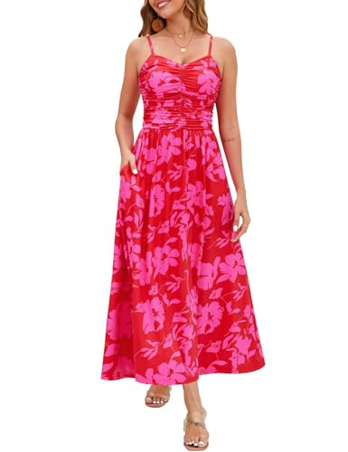 Annebouti Womens 2025 Spring Summer Maxi Dress Flowy Casual Spaghetti Strap Backless Resort Wear Trendy Sexy Party Sweetheart Neckline Floral Beach Sun Dresses Red XL | Amazon (US)