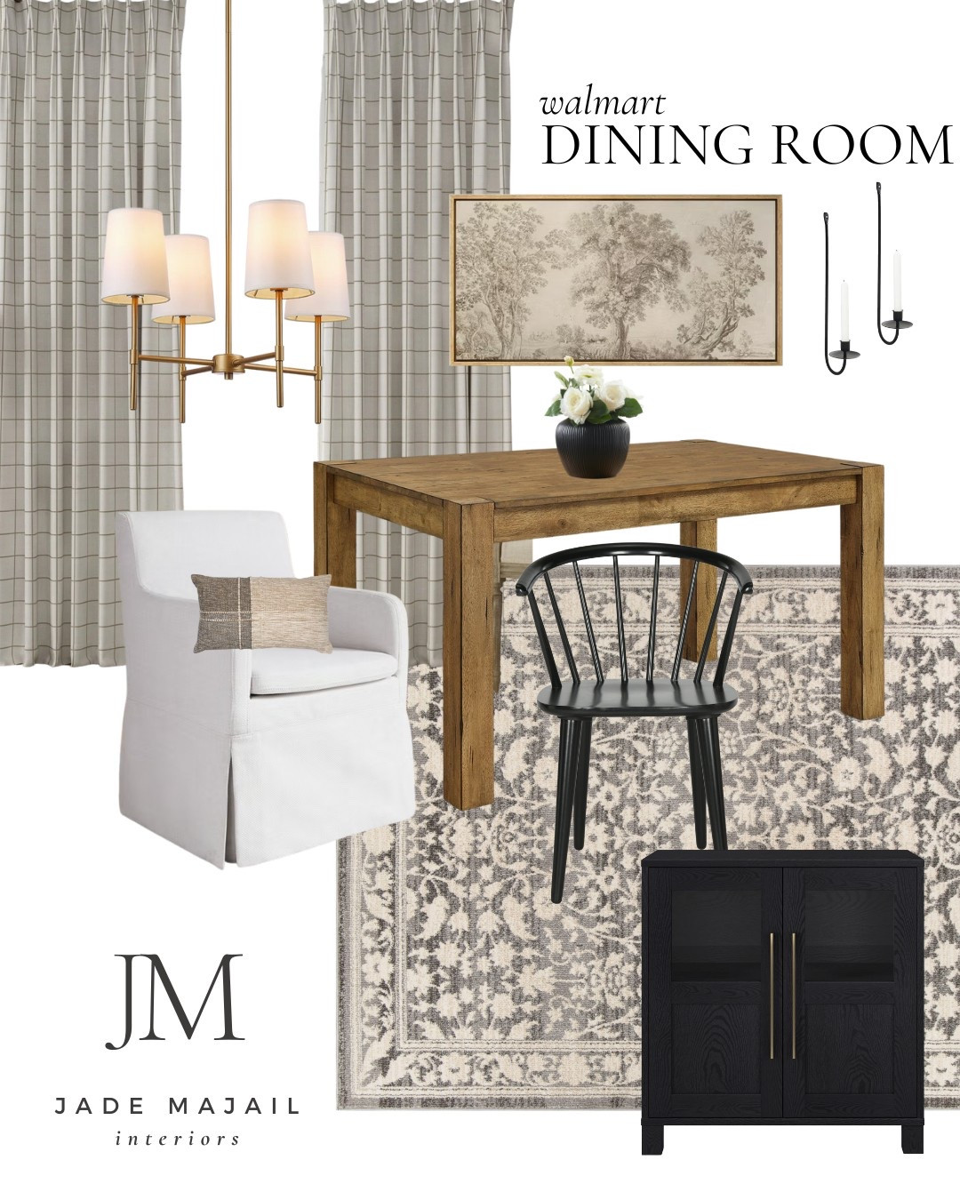 Walmart dining room mood board 🫶🏼 not only is this space beautiful, it's incredibly affordable too! 

Vintage wall art, pinch pleat curtains, dining room table, black dining chairs, upholstered accent chair, area rug, black storage cabinet, chandelier, home decor

#LTKSaleAlert #LTKHome