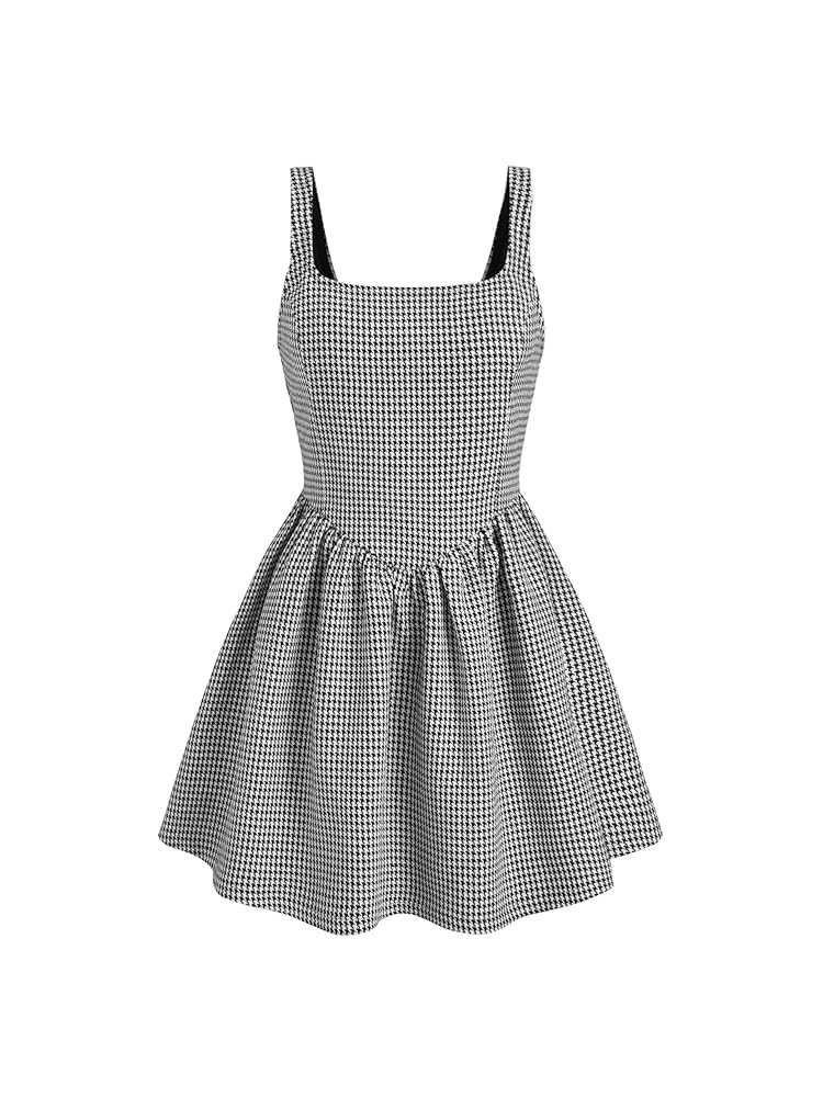 CIDER Mini Dress Houndstooth Tweed Square Neck Sleeveless Short Party Dress Square Neck Mid Waist | Amazon (US)