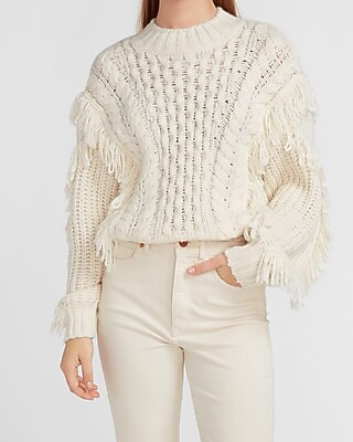 Fringe Cable Knit Mock Neck Sweater | Express