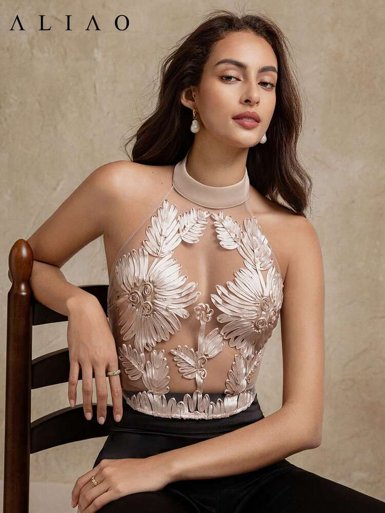 Aliao Floral Crochet Mesh Embroidered Elegant 3D Sheer Tank Top, Sexy Top For Women, Summer Clothes, Romantic And Wedding Season, Floral Top, Modest Tops, New Year | SHEIN