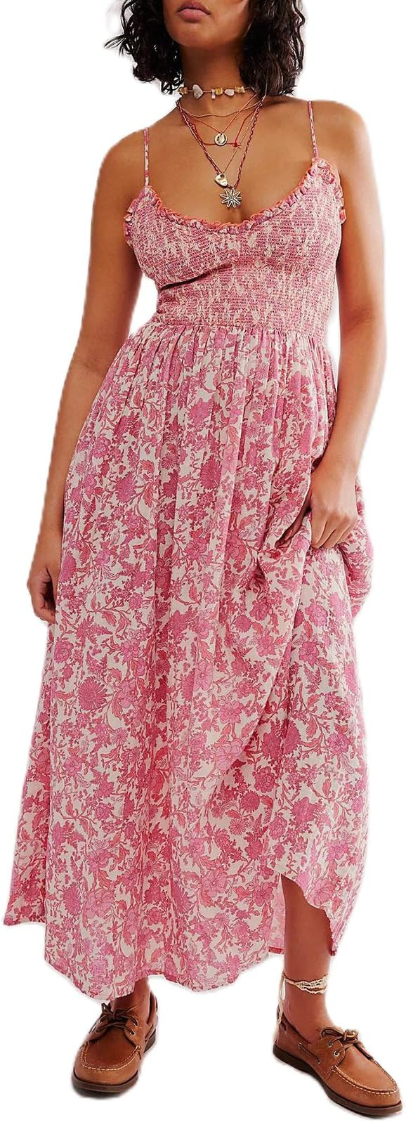 Women Summer Dresses Flowy Smocked Maxi Dress Sleeveless Tie Shoulder Boho Dresses Y2K Floral Bea... | Amazon (US)