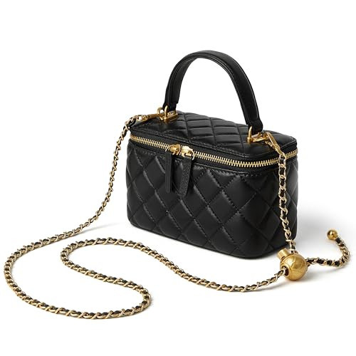 DORIS&JACKY Small Quilted Box Crossbody Purse For Women Designer Leather Mini Top Handle Pouch Bag With Metal Chain Strap (1-Black) | Amazon (US)