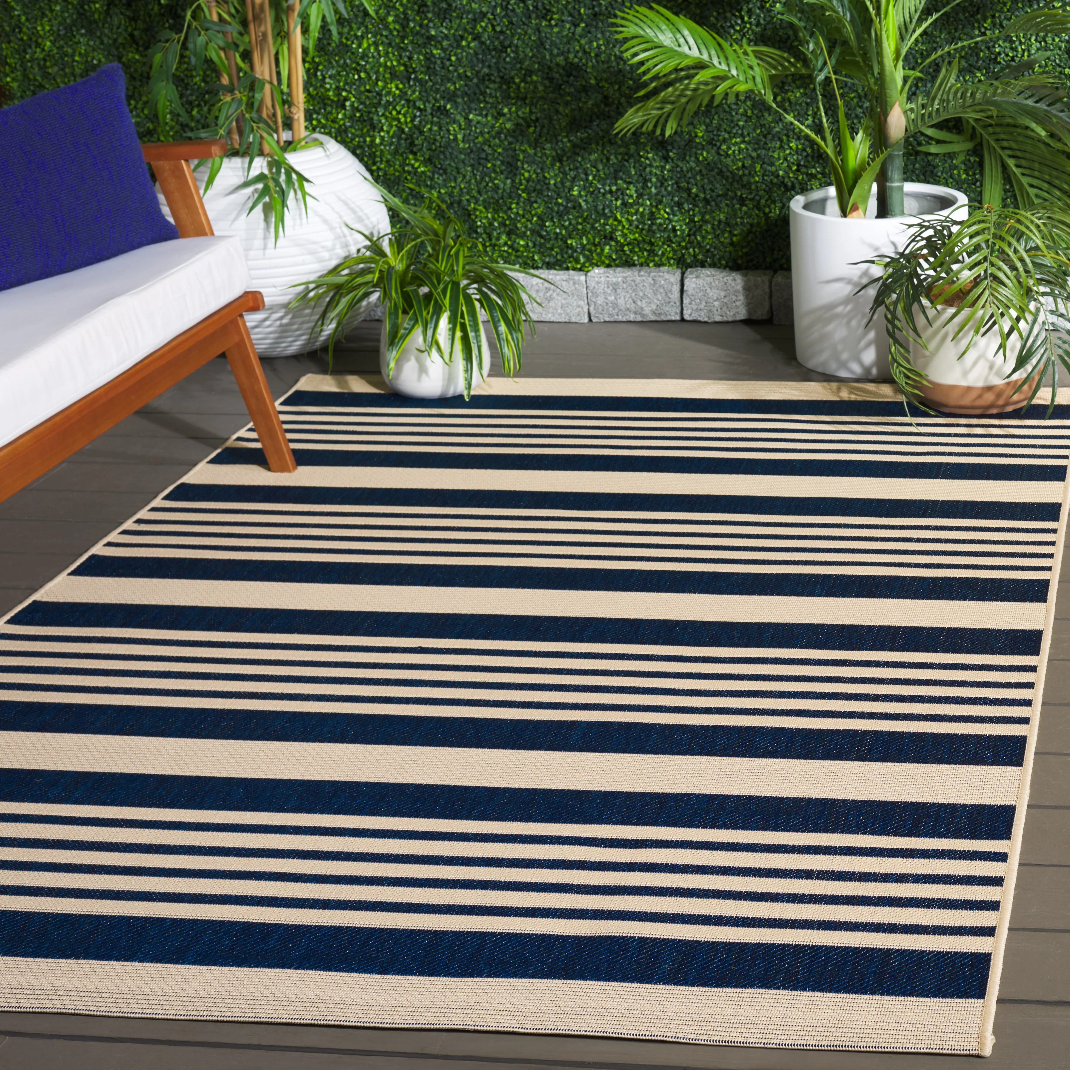 Safavieh Courtyard Caroline Striped Indoor/Outdoor Area Rug, Navy/Beige, 6'7" x 9'6" | Walmart (US)
