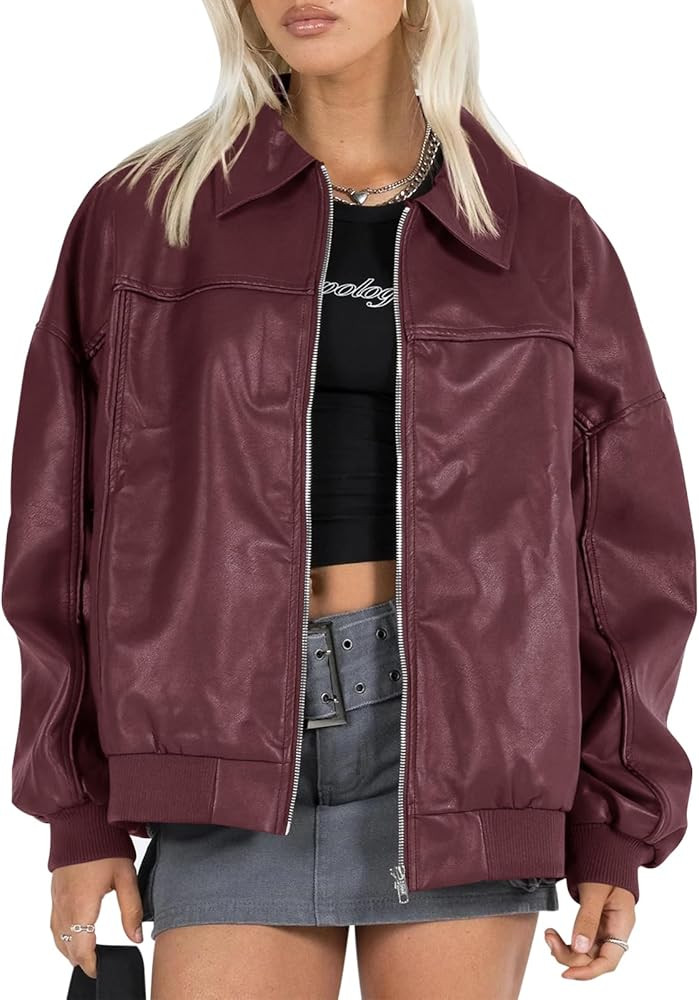 Tankaneo Womens Faux Leather Jackets Oversized Bomber Casual Fall Fashion Zip Up Moto Biker Coats | Amazon (US)