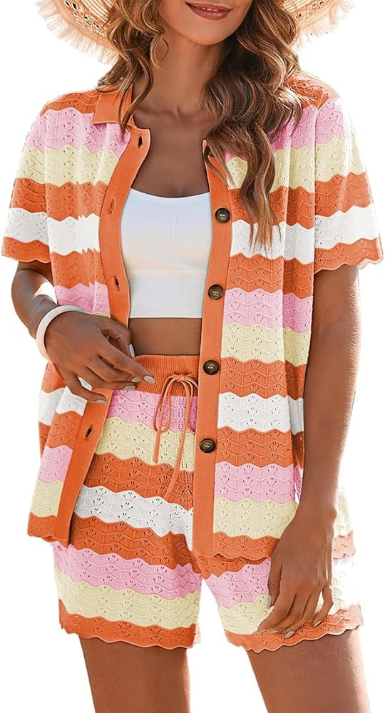 Pink Queen Women Knit Shorts Set 2 Piece Outfits Short Sleeve Button Down Sweater Top and Shorts ... | Amazon (US)