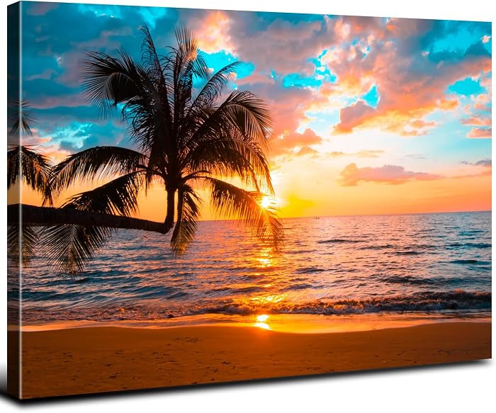 Coastal Beach Wall Art for Living Room Sunset Landscape Pictures Tropical Palm Tree Wall Decor Ba... | Amazon (US)